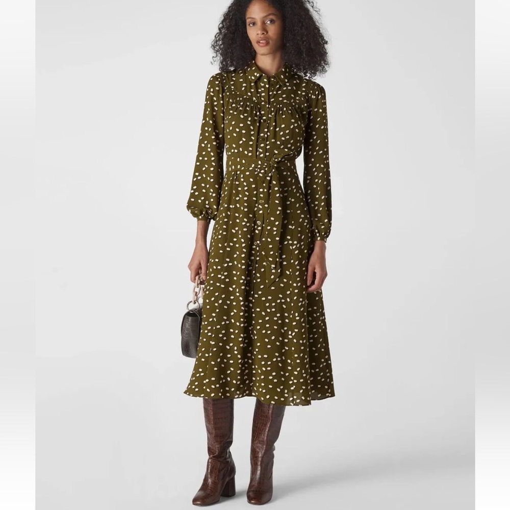 Whistles Shadow Spot Print Shirt Dress UK 6 Olive Khaki Green Midi
